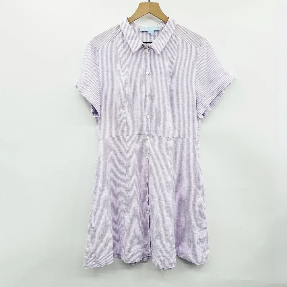 Hill House Laura Dress Linen Stripe Shirt Dress in Lilac‎ Size Medium - Picture 3 of 11